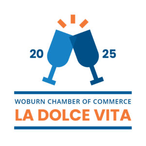 Graphic of two glasses clinking. 2025. Woburn Chamber of Commerce. La Dolce Vita